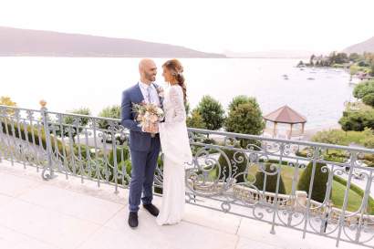 Bride and groom facing Lake Annecy at Le Palace de Menthon - 5 star property - Annecy - Haute Savoie